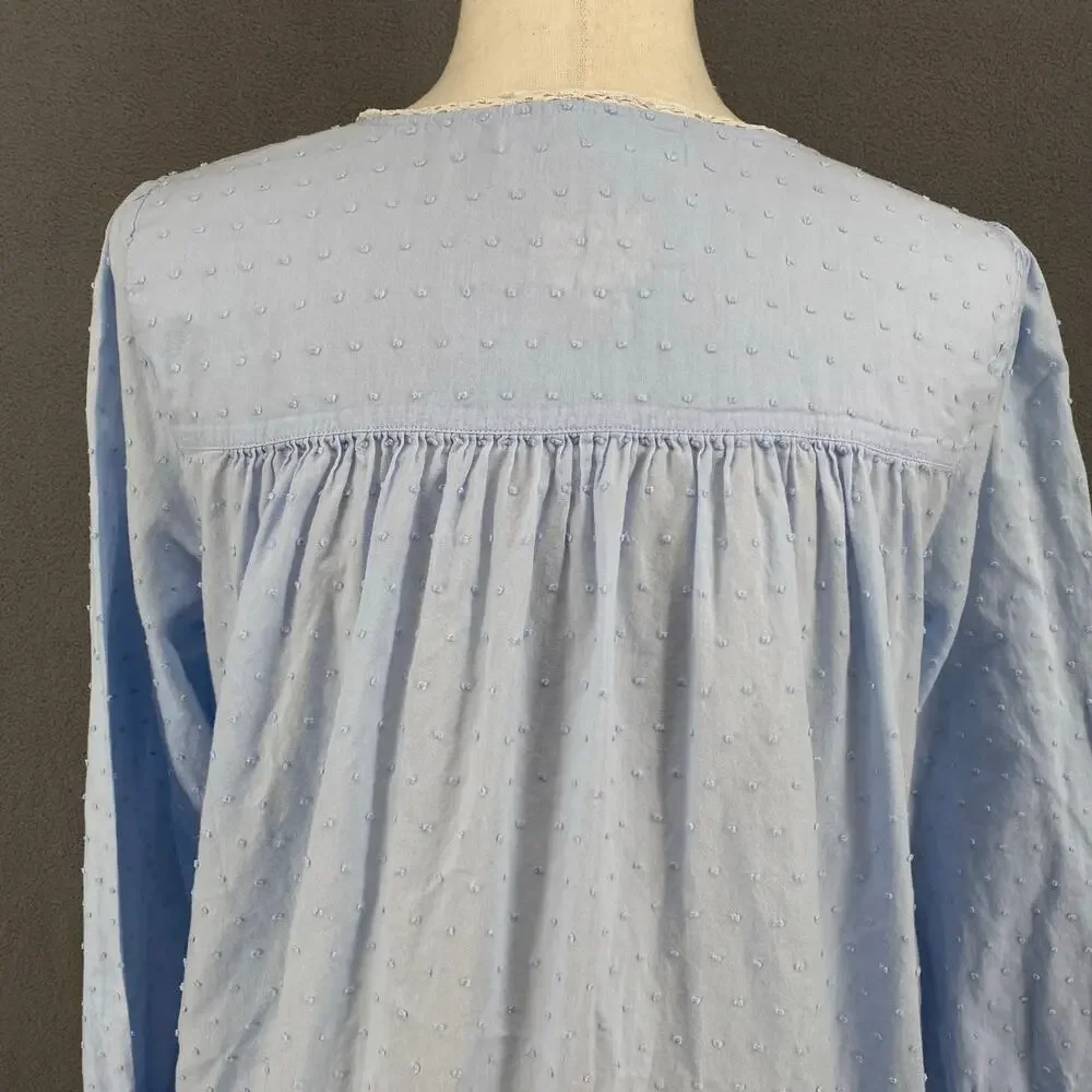 Eileen West Swiss Dot Button Down Cotton Nightgown Womens S Blue Pockets Cottage